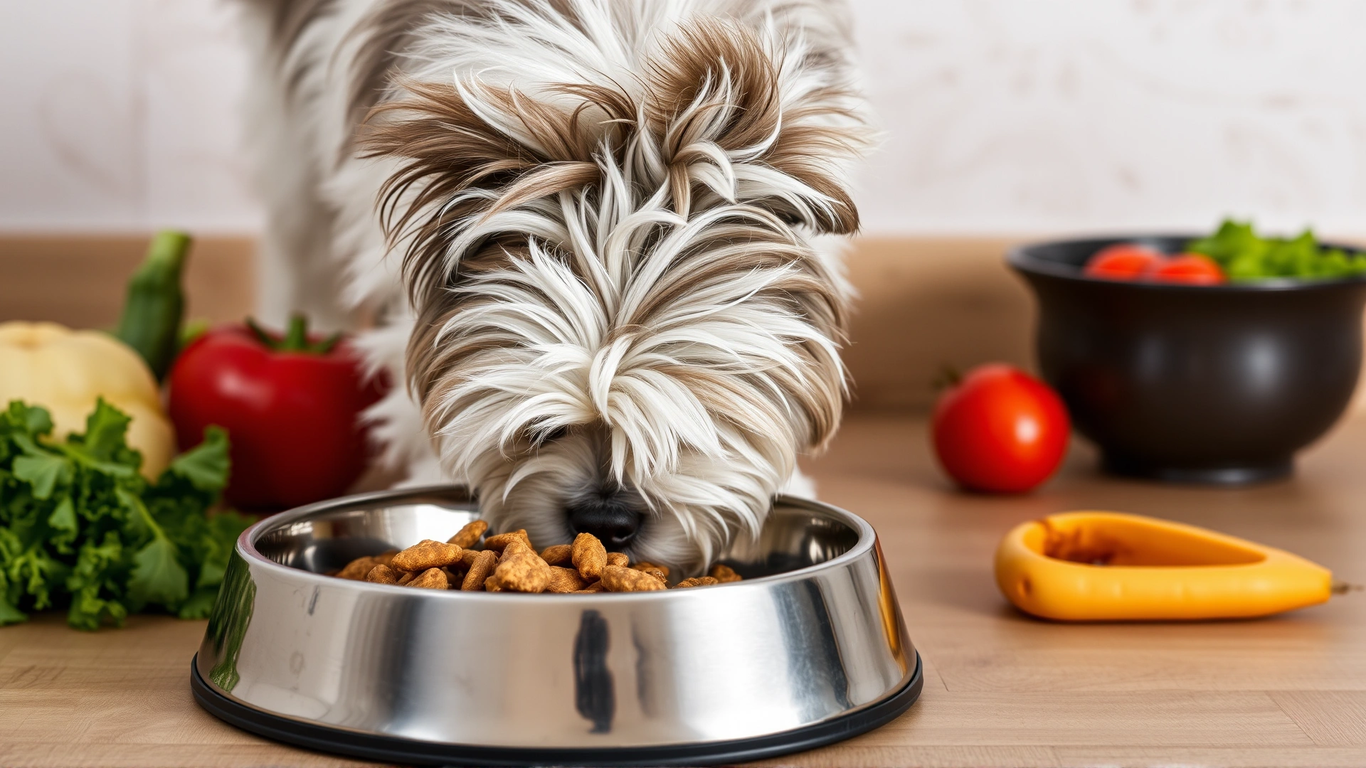 A stainless steel bowl filled with high-quality small-breed kibble beside fresh vegetables, with a curious Coton de Tulear sniffing the food.