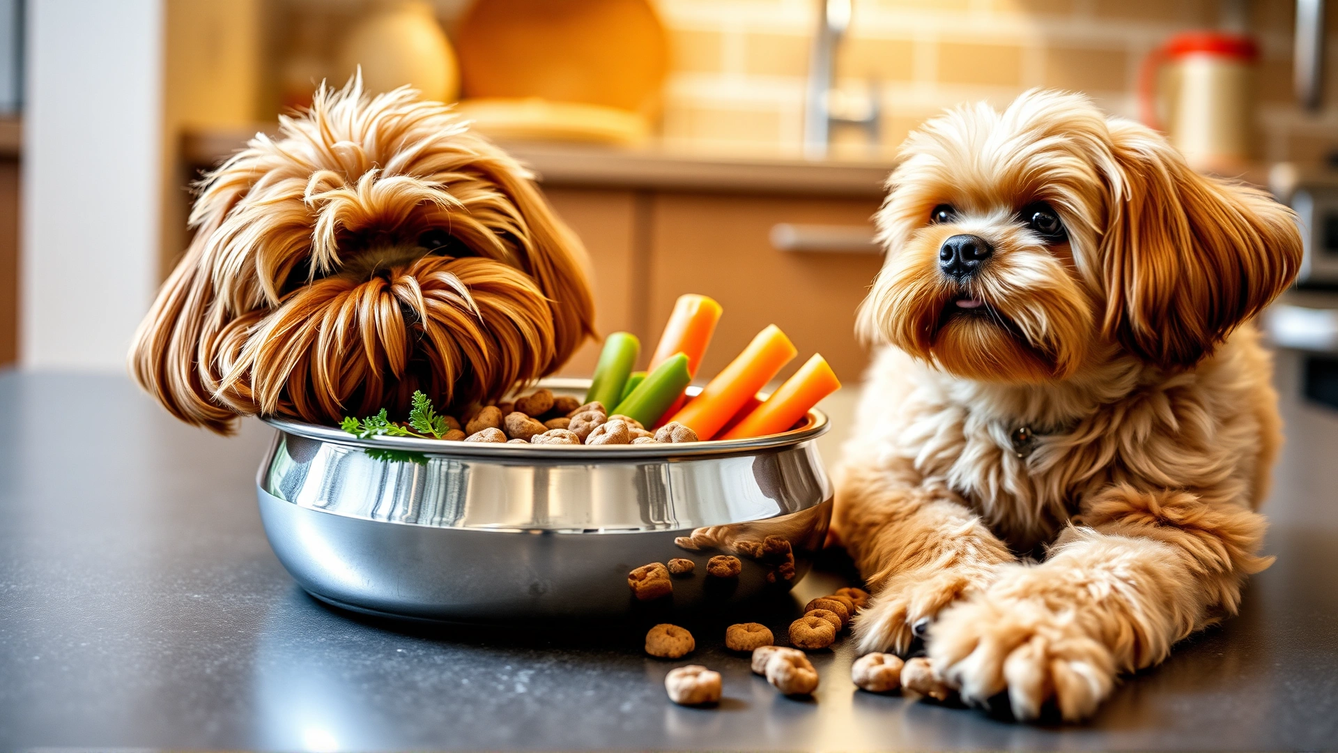 A stainless steel bowl filled with premium kibble and fresh vegetables placed beside a Havapoo eagerly waiting, kitchen background