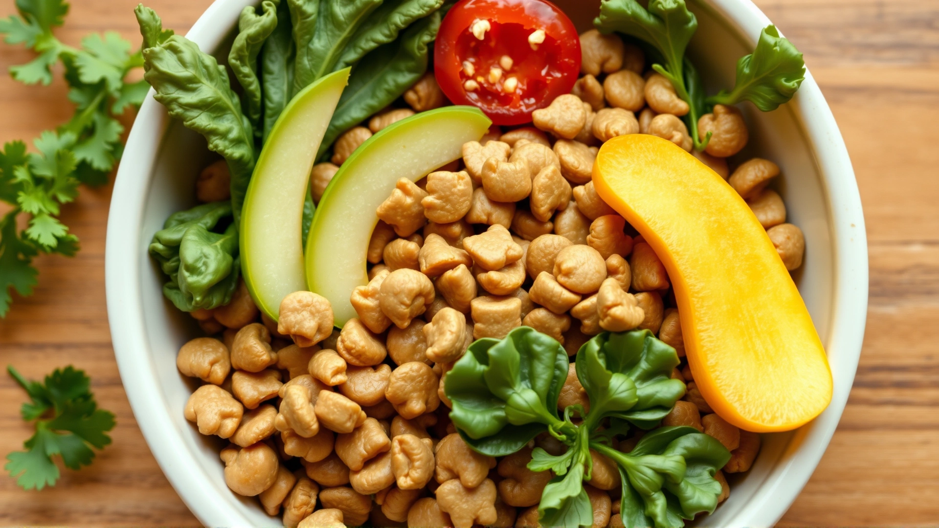 Top-down photo of a nutritious bowl of premium dry dog food mixed with fresh vegetables, representing balanced nutrition.