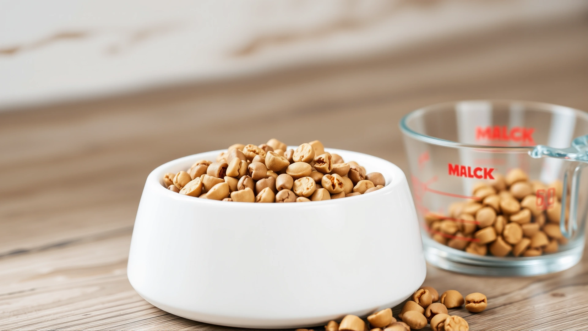 Close-up of a bowl filled with high-quality dry kibble suitable for small breed dogs placed beside a measuring cup.