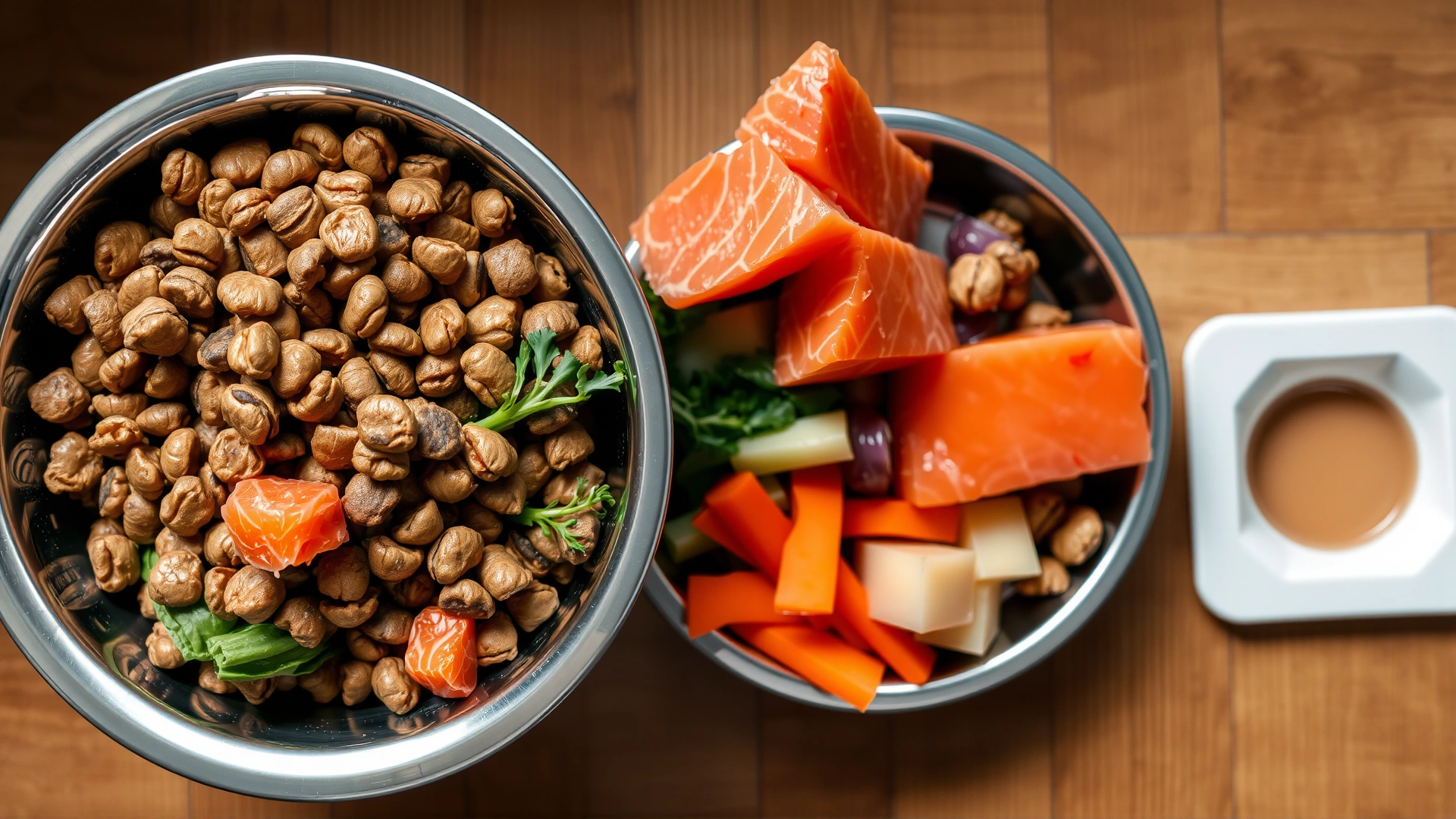 Top-down view of a stainless steel dog bowl filled with premium kibble, fresh salmon chunks, and colorful vegetables, placed beside a water bowl on wooden floor.