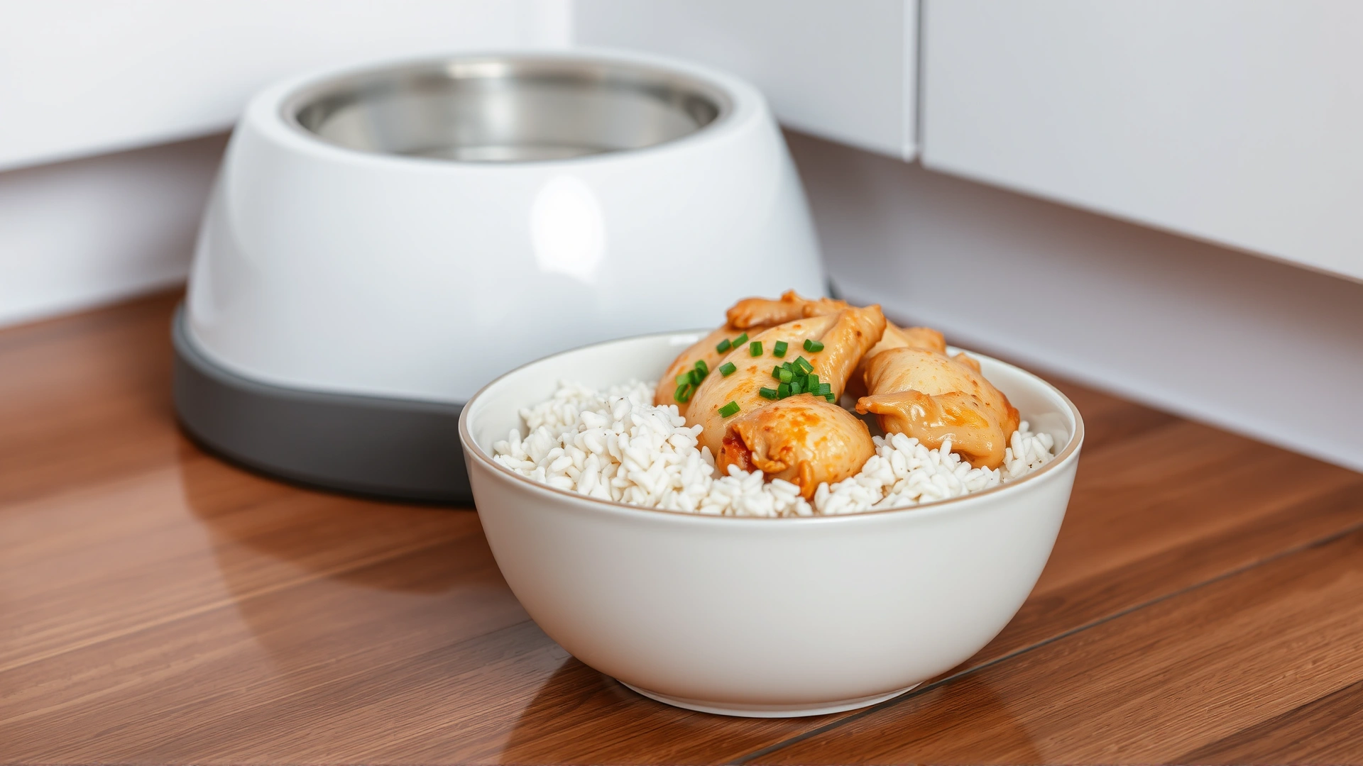 A neatly arranged bowl of boiled chicken and white rice placed next to a slow-feeder dog bowl on a kitchen floor.