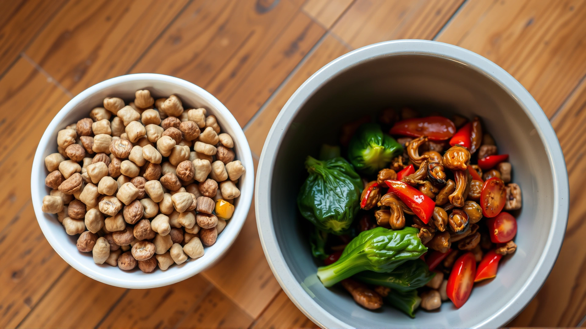 Bowl filled with balanced senior dog food, including kibbles mixed with steamed vegetables, placed on a wooden floor.