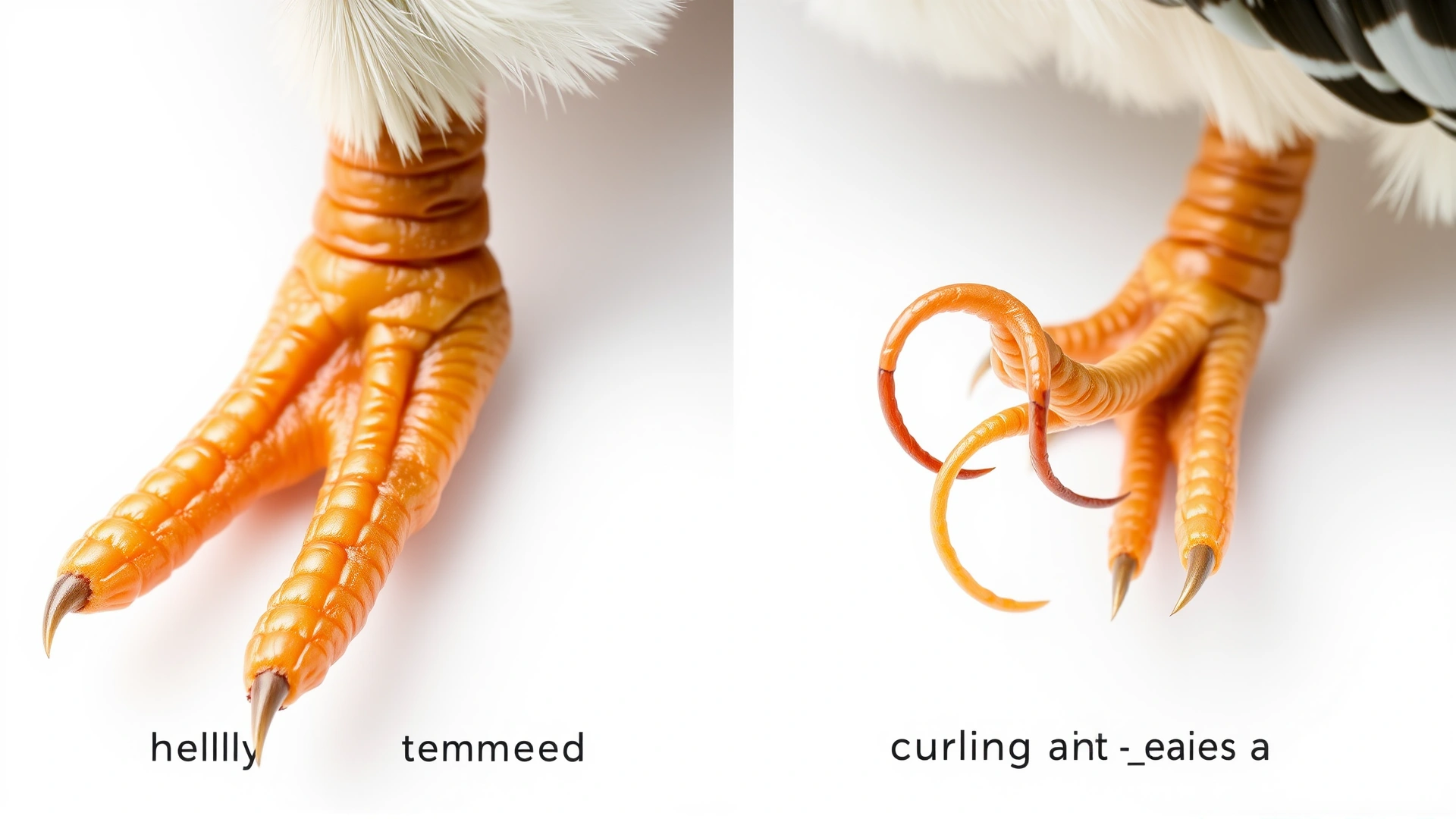 Side-by-side comparison of a bird foot with healthy trimmed nails and another with overgrown curling nails, white background.