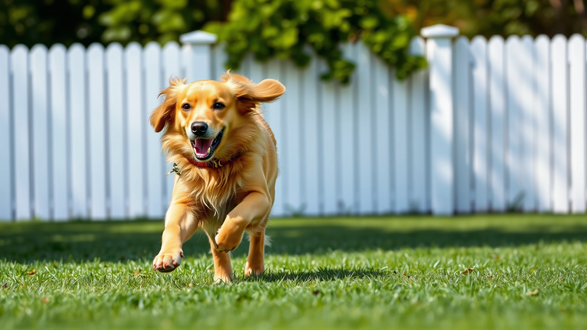 Energetic golden retriever running across a lush green lawn on a sunny day, ears flapping, symbolizing full recovery and vitality. No text.