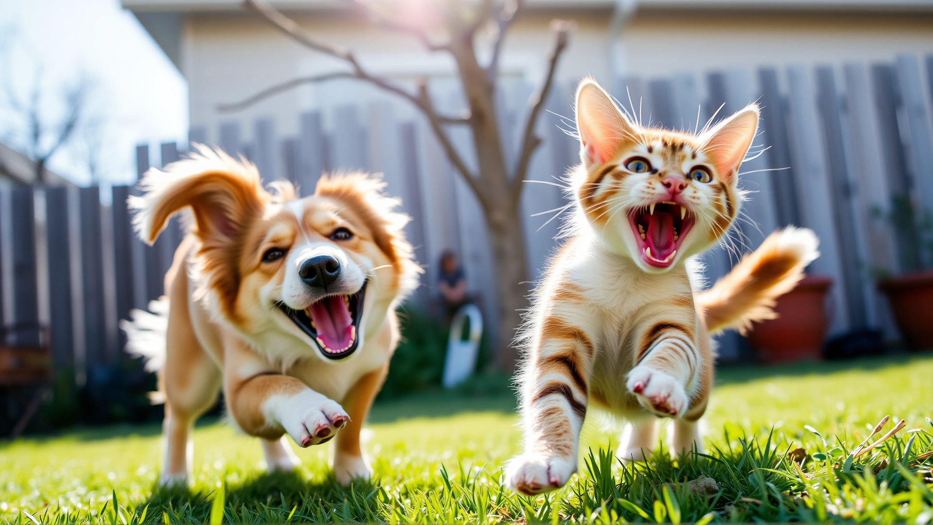 Happy dog and cat playing together in a sunlit backyard, both looking energetic.