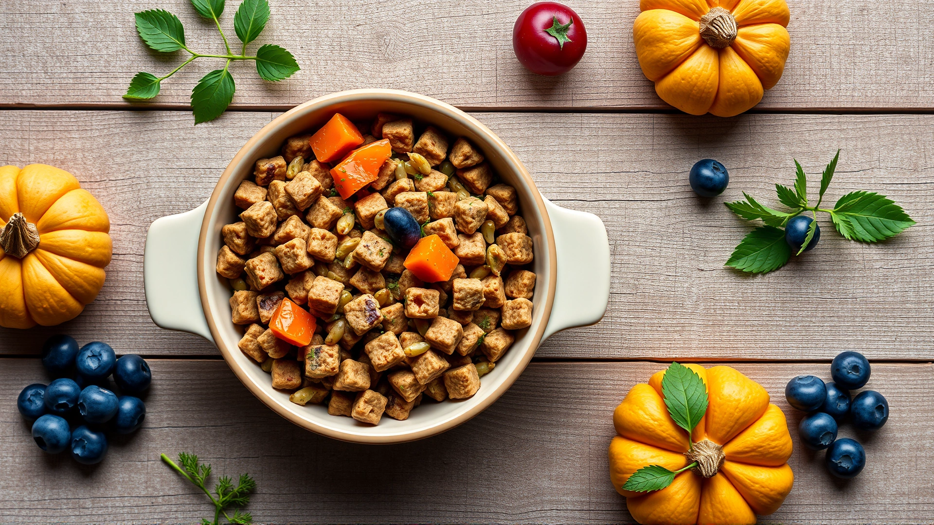 Top-down view of a balanced senior cat meal in a ceramic dish, surrounded by fresh ingredients like salmon, pumpkin, and blueberries, on a rustic wooden surface.