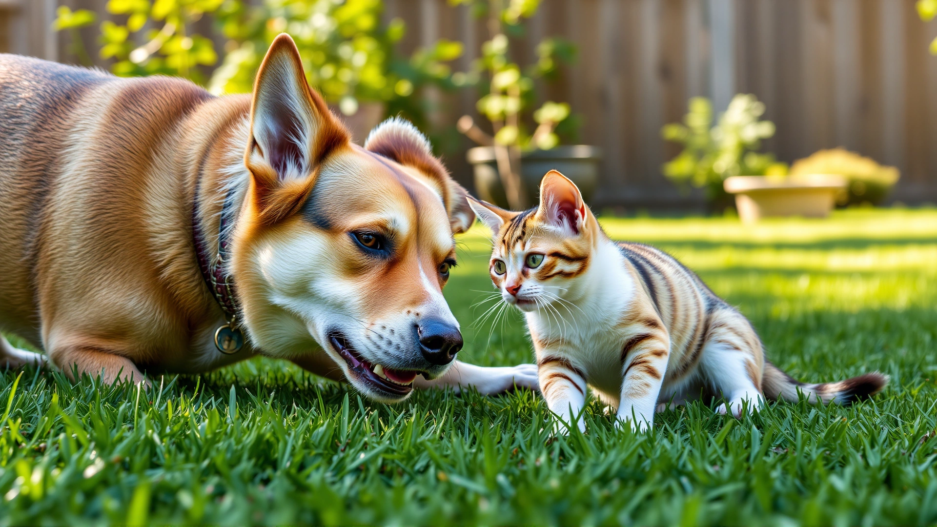 A dog and a cat playing together in a green backyard on a sunny day, both looking healthy and energetic.