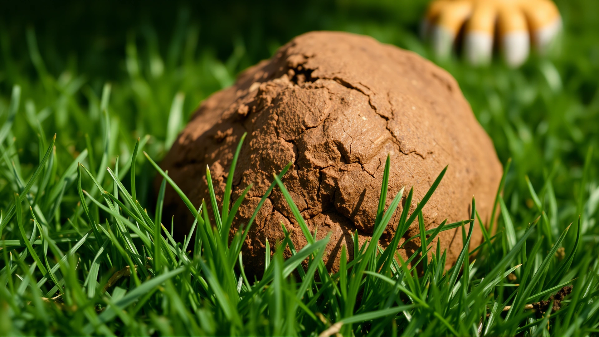 Close-up of healthy brown dog stool on lush green grass, sharp detail, natural daylight