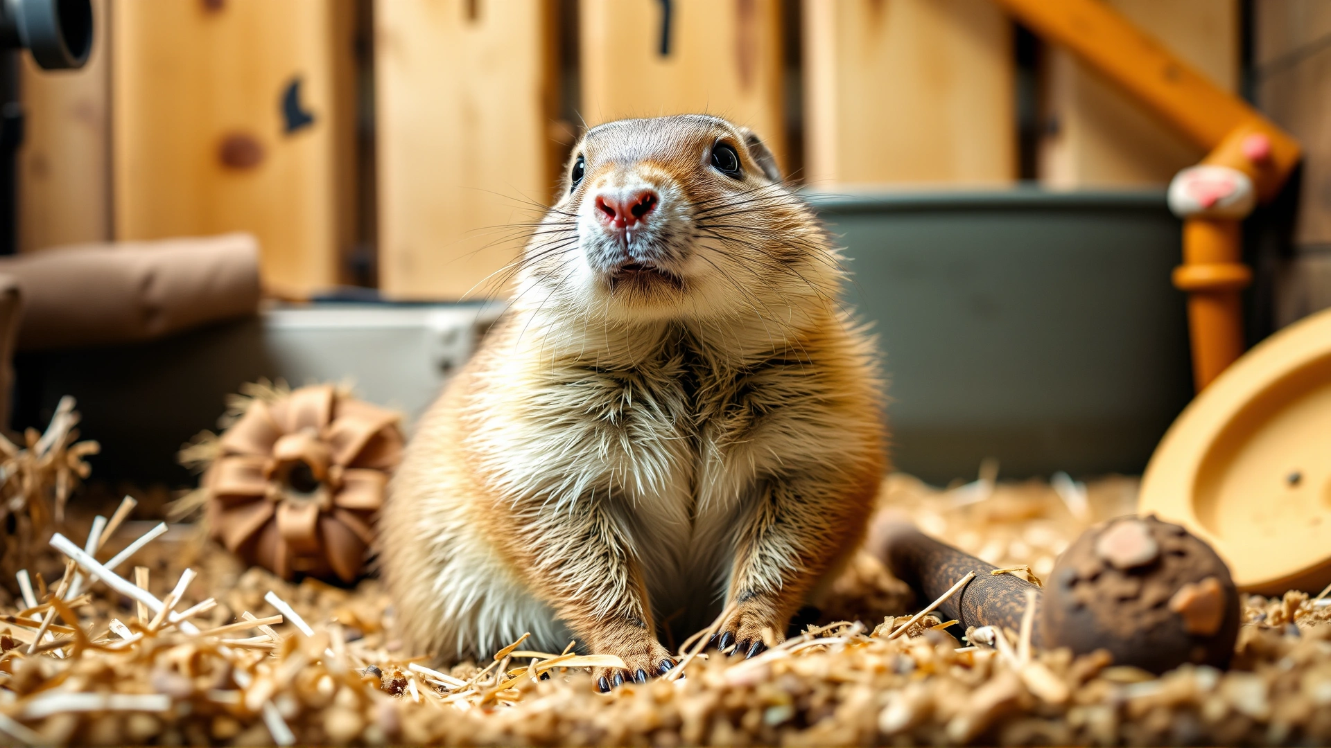 A healthy prairie dog with full fur sitting in a clean, enriched indoor habitat with natural bedding and chew toys.