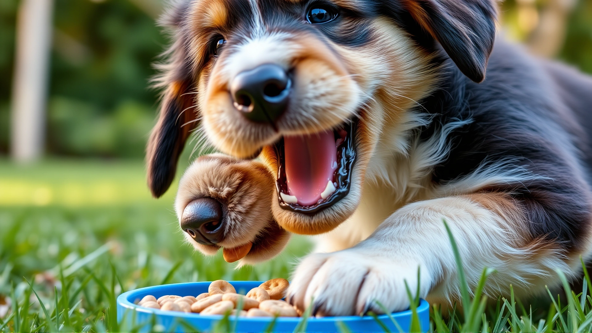 Close-up of a healthy, energetic puppy happily munching on kibble outdoors with a soft green garden background.