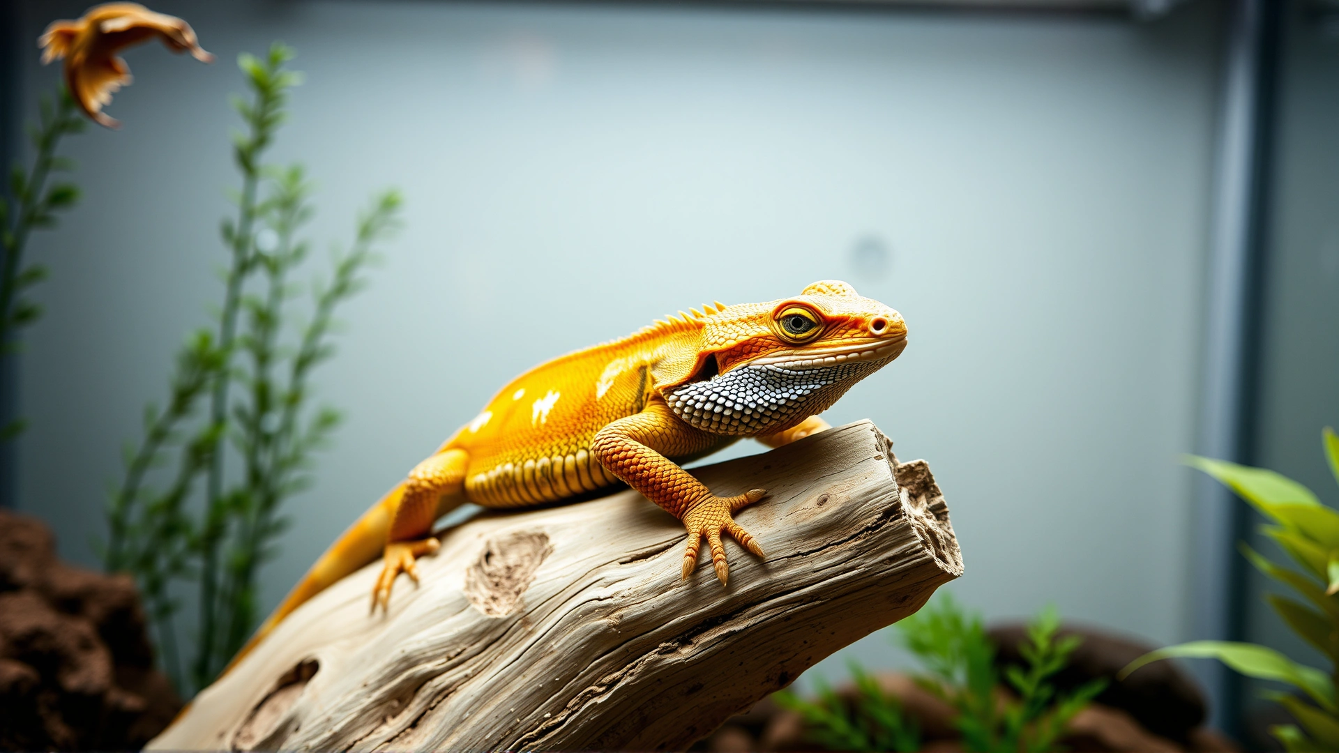Vibrant, healthy bearded dragon basking on clean wooden branch inside a well-arranged terrarium, natural daylight