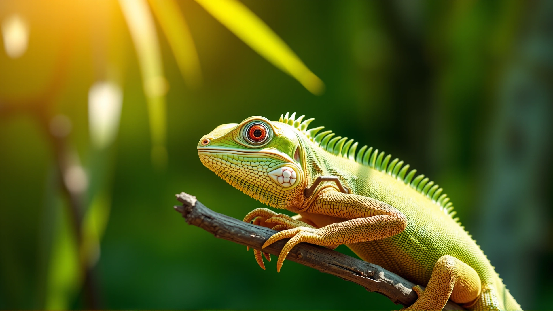 Portrait of a vibrant, healthy iguana basking on a branch under sunlight, lush green background, crisp detail