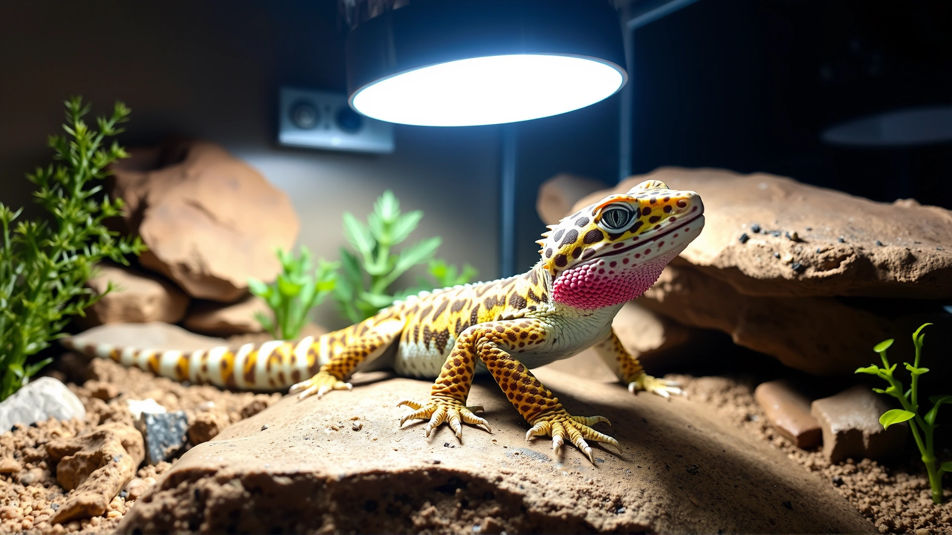 Leopard gecko basking under a heat lamp in a spotless terrarium decorated with natural rocks and plants, looking alert and healthy.