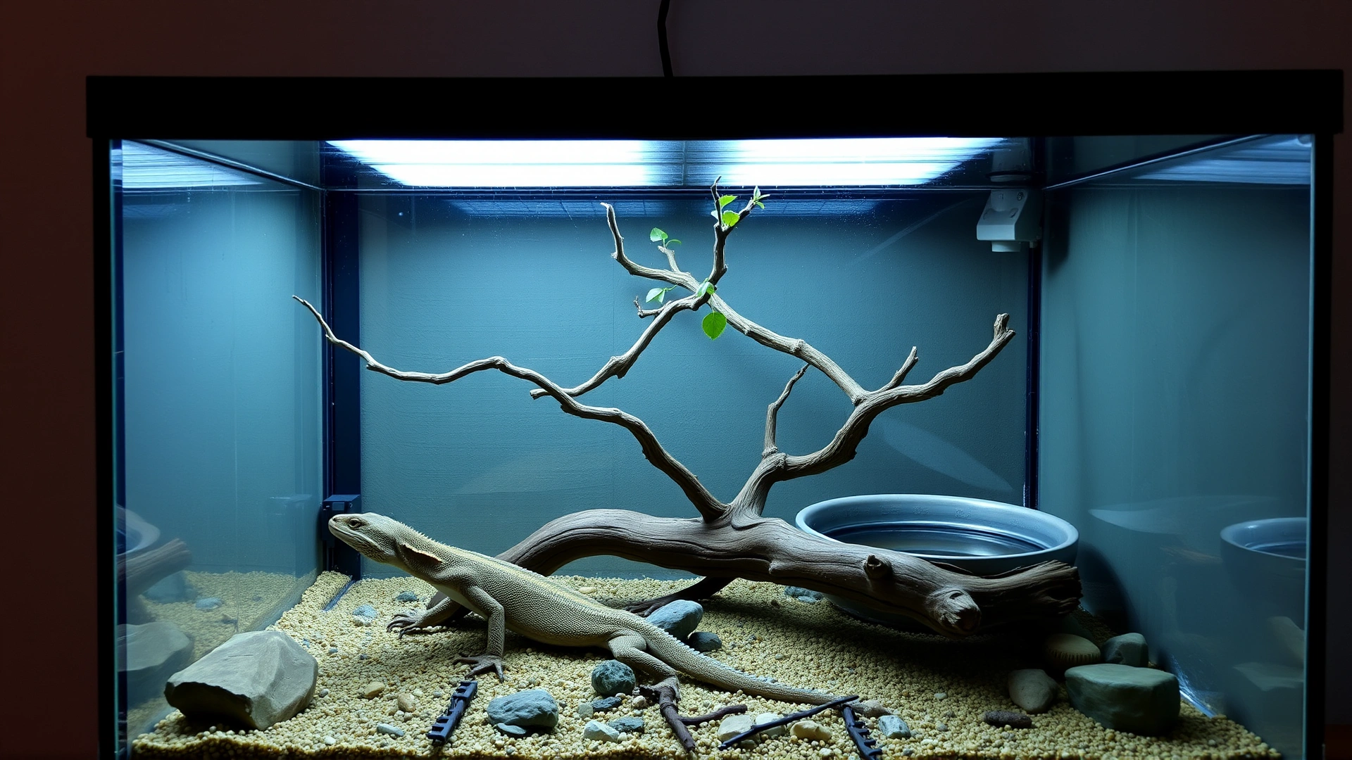 Immaculately clean reptile terrarium with proper UVB lighting, branches, and fresh water bowl, demonstrating ideal husbandry practices.
