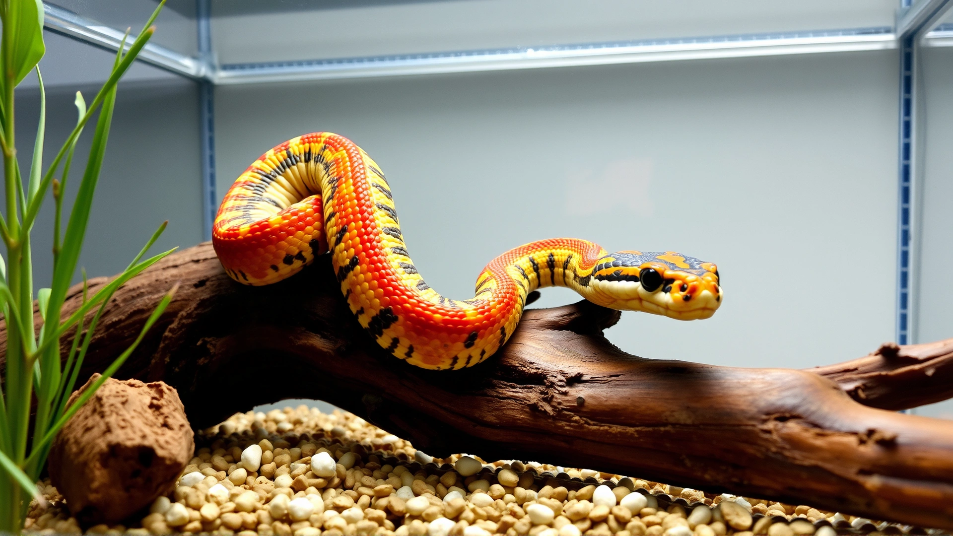 Vibrant corn snake coiled around a natural branch inside a clean terrarium, representing full recovery and good health.