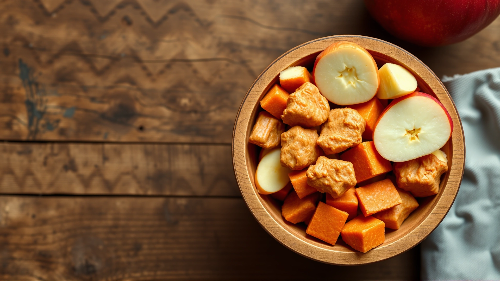 Top-down view of a wooden bowl filled with sliced carrots, apple pieces, and low-sugar horse treats on a rustic table, emphasizing healthy rewards, no text.