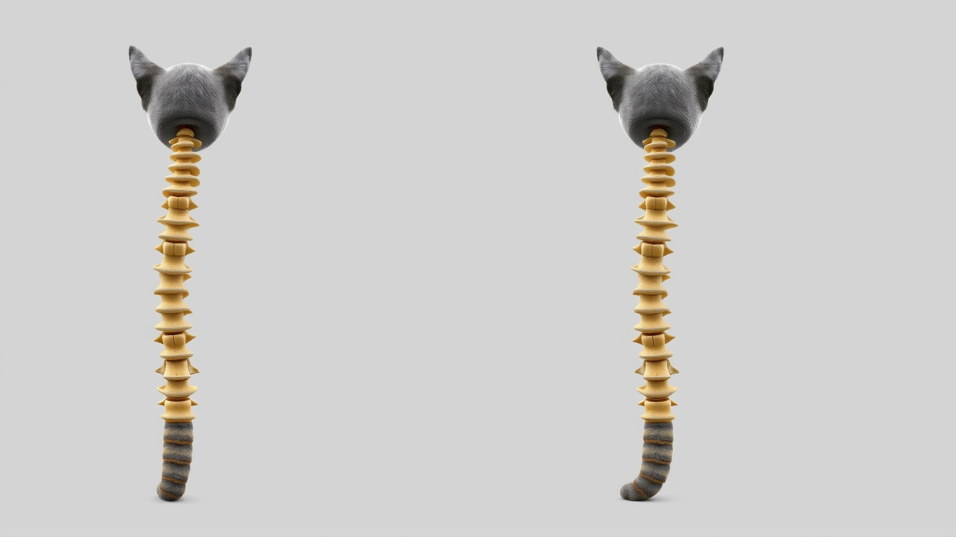 3D render of two feline spinal columns side by side: one healthy and one showing a subtle blockage, no text, neutral grey background