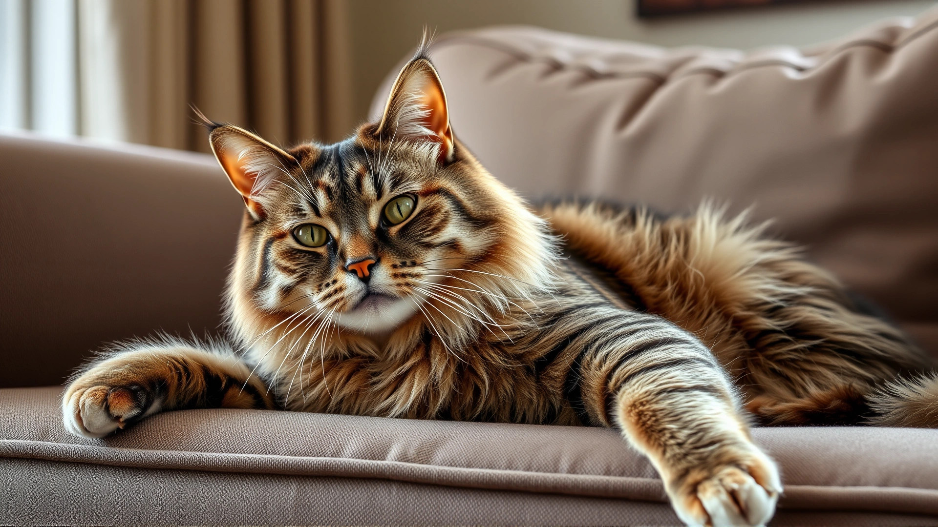Portrait of a robust, healthy male cat with a shiny coat lounging comfortably on a sofa in natural light.