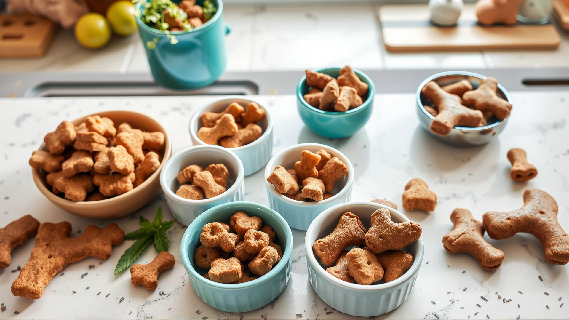 Assortment of healthy low-calorie dog treats arranged in small ceramic bowls on a kitchen countertop, bright overhead perspective