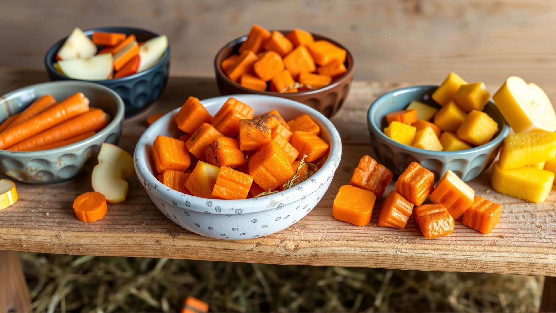 Assortment of healthy horse treats: sliced carrots, apple pieces, and hay cubes arranged in small bowls on a wooden stable bench.