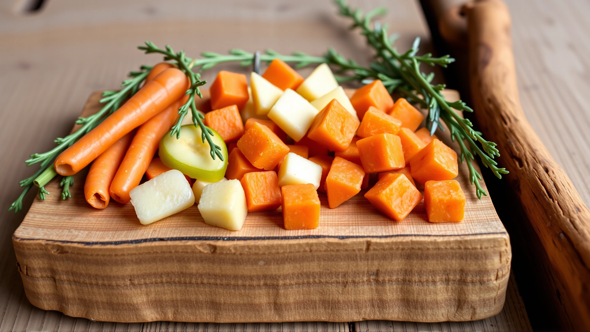 Colorful assortment of horse-friendly treats such as sliced carrots, apple wedges, and hay cubes displayed on a wooden plank