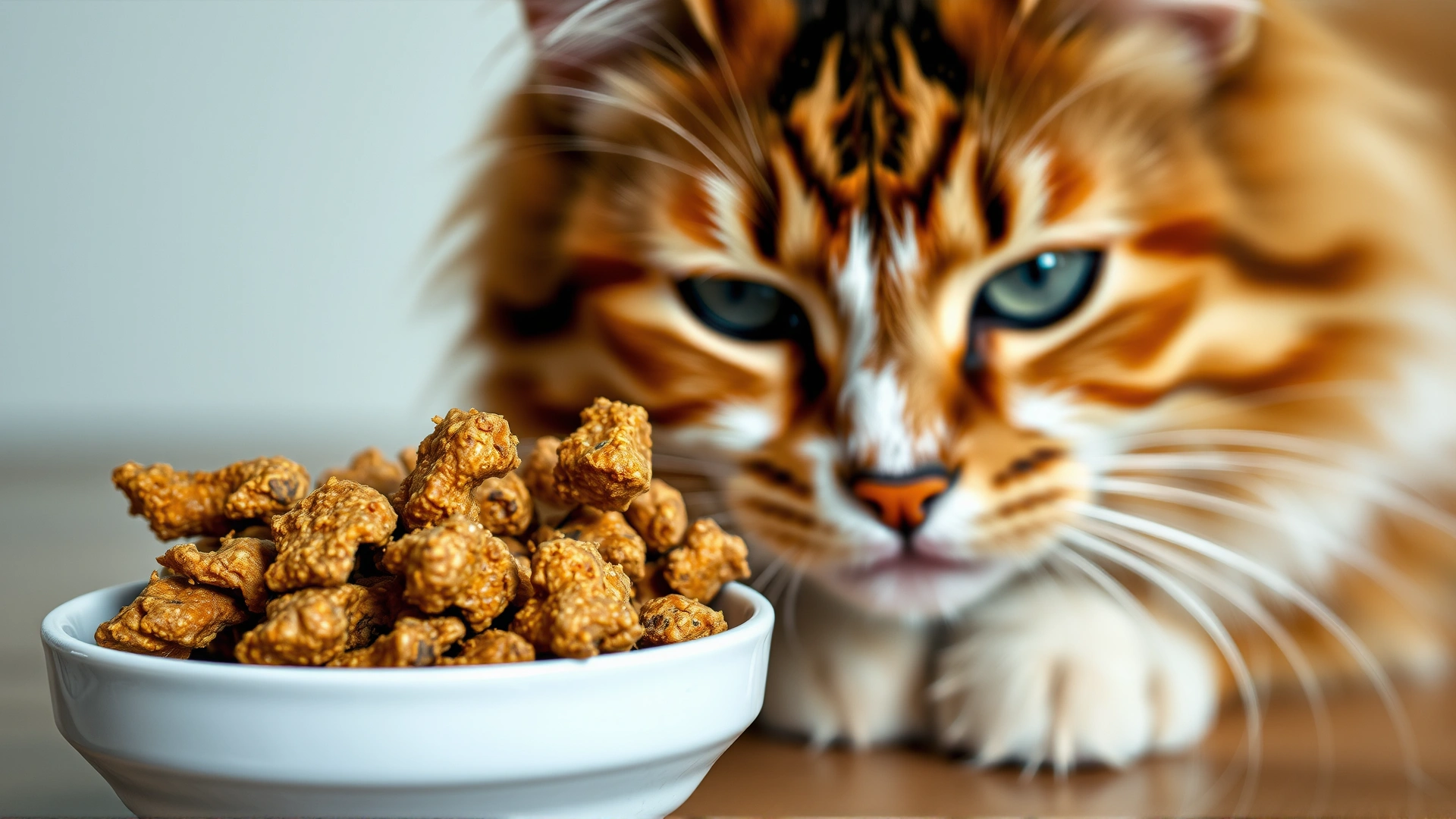 Close-up of freeze-dried chicken treats in a bowl next to a healthy looking cat