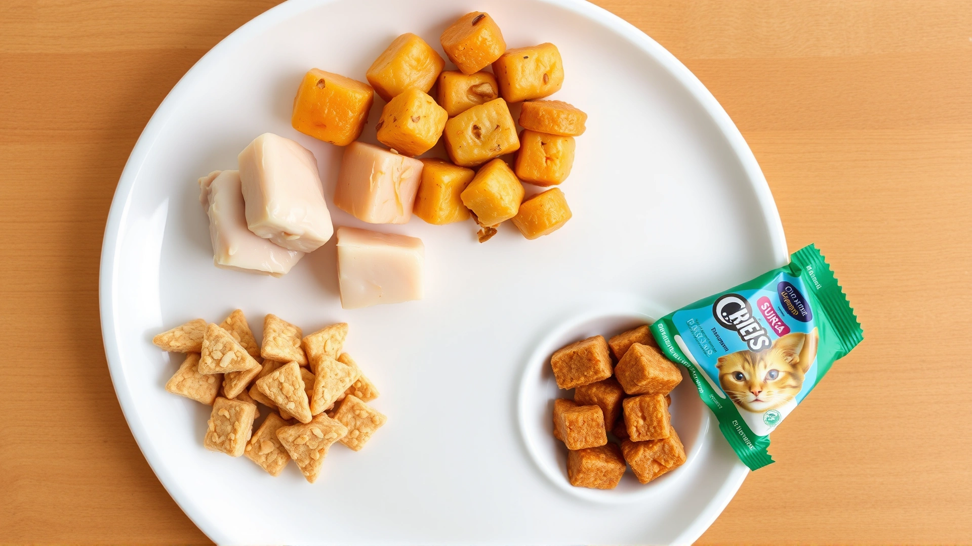 Top-down view of a white ceramic plate with small portions of boiled chicken cubes, tuna flakes, and commercial cat treats neatly arranged, on a wooden surface, no text