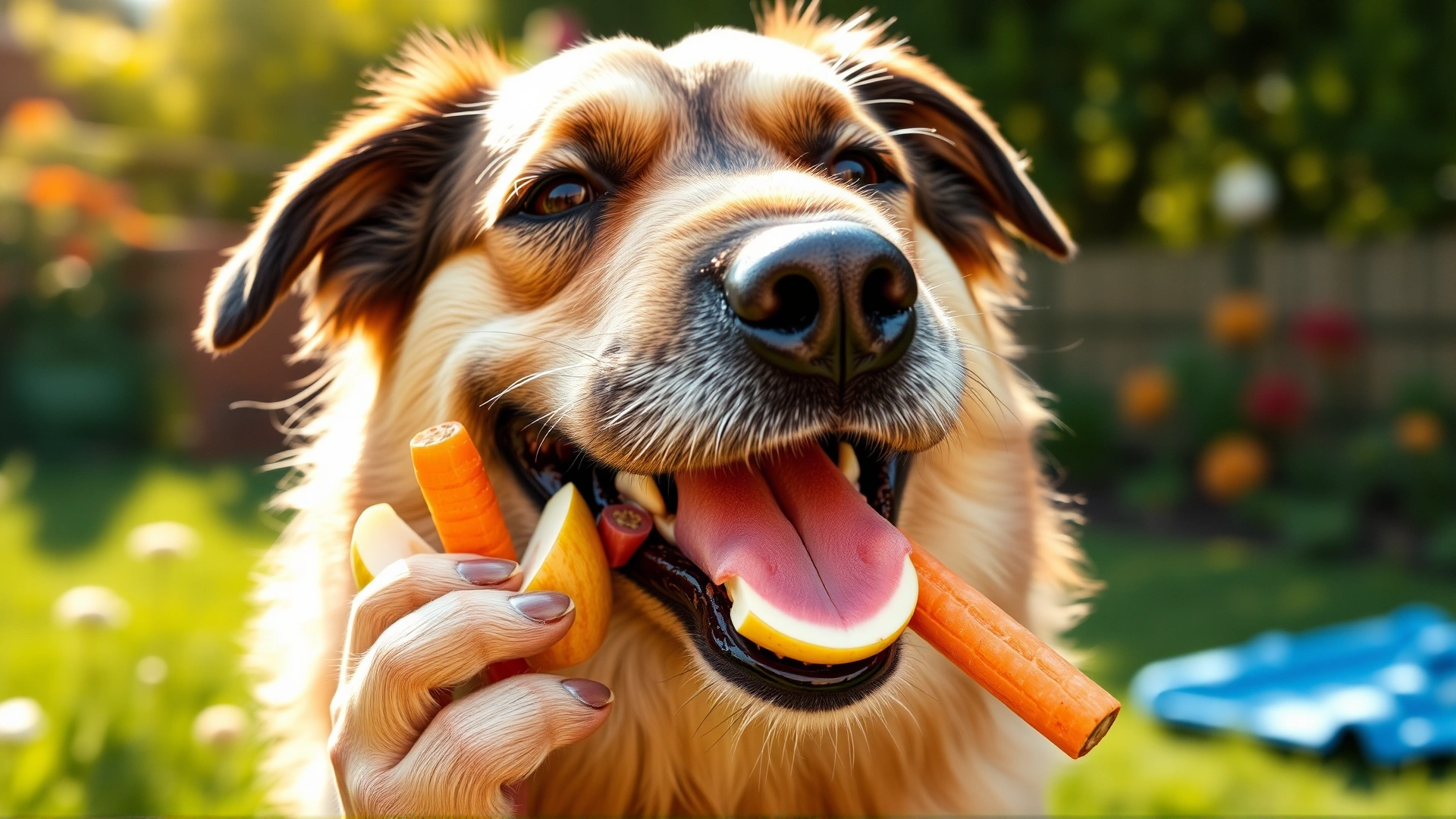 Happy dog munching on fresh apple slices and carrot sticks in a garden, vibrant daylight