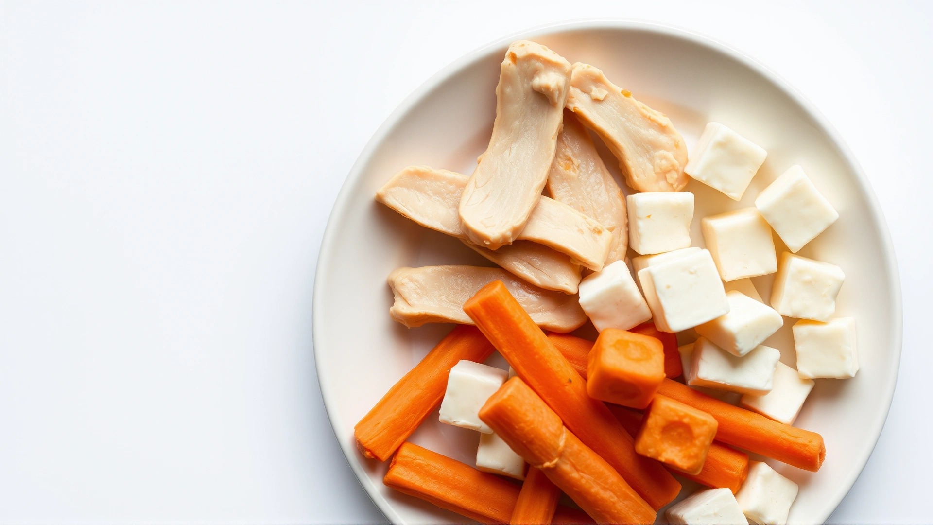 Assorted healthy dog treats including boiled chicken strips, carrot sticks, and small tofu cubes neatly arranged on a ceramic plate, overhead shot, soft lighting, no text