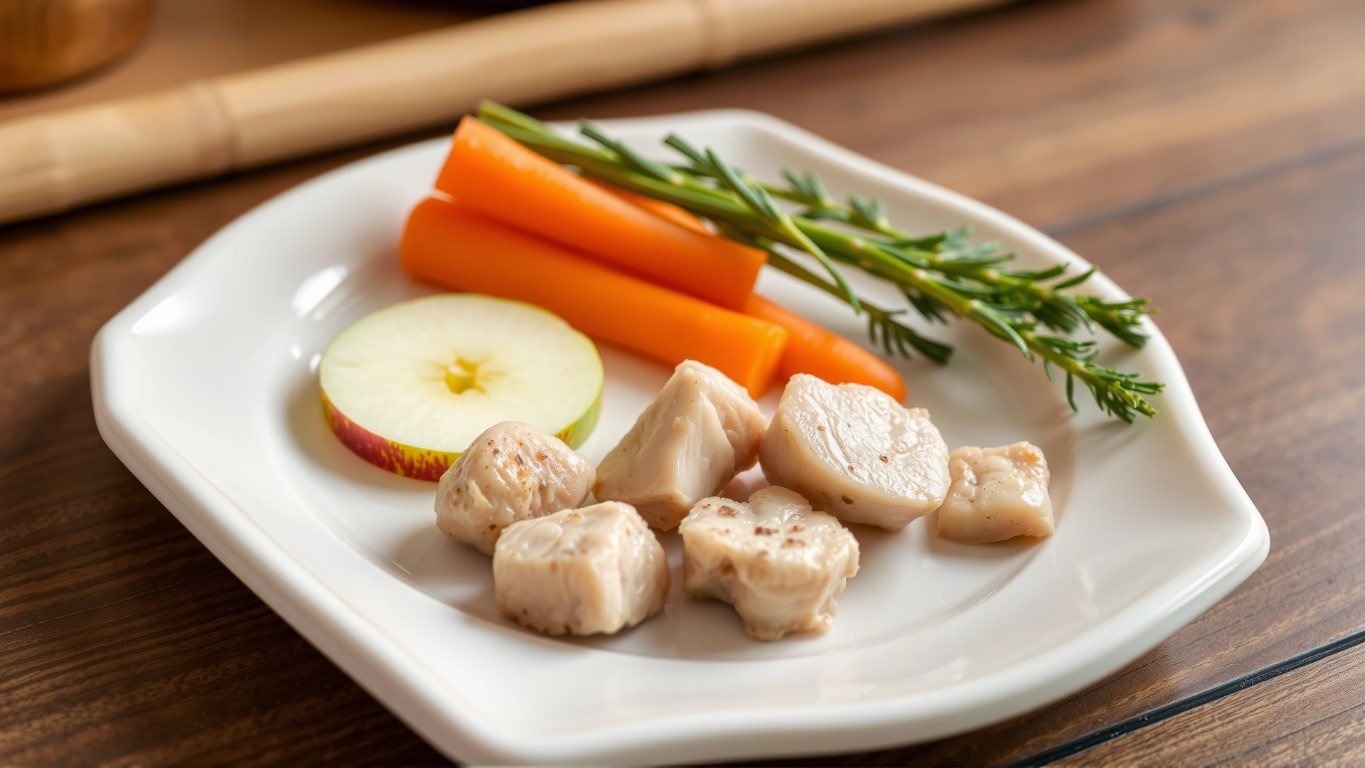 Small plate with sliced apples, steamed carrots, and a few pieces of boiled chicken as dog treats