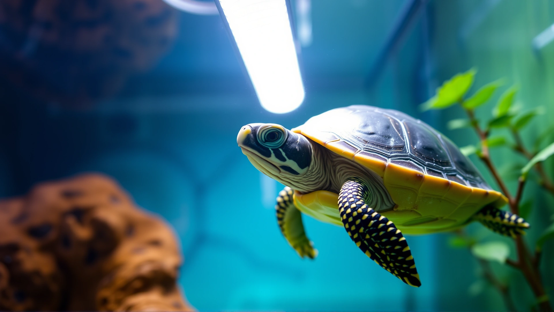 Happy healthy turtle basking under a UV lamp in a clean enclosure with fresh greens, vivid colors