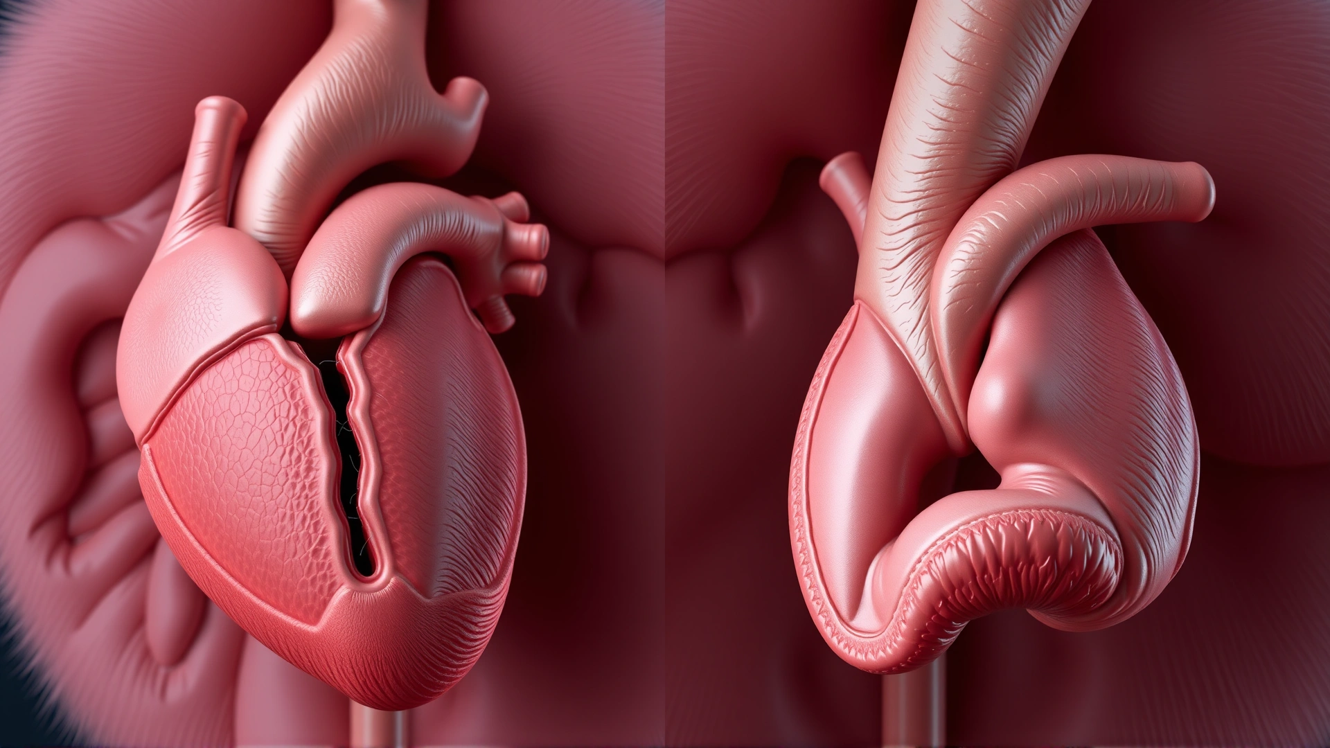 Detailed medical illustration showing a healthy feline atrioventricular heart valve side by side with a dysplastic malformed valve, high detail, no text