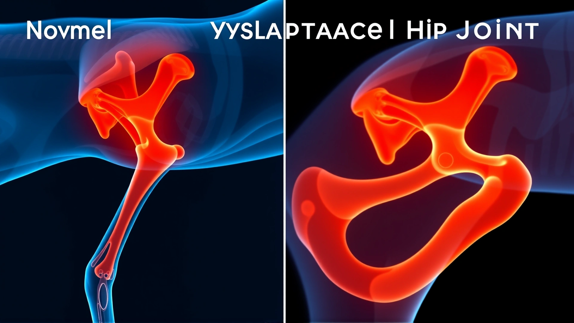 Side-by-side X-ray style visualization of a normal canine hip joint and a dysplastic hip joint, blue-tinted medical imagery, no text.