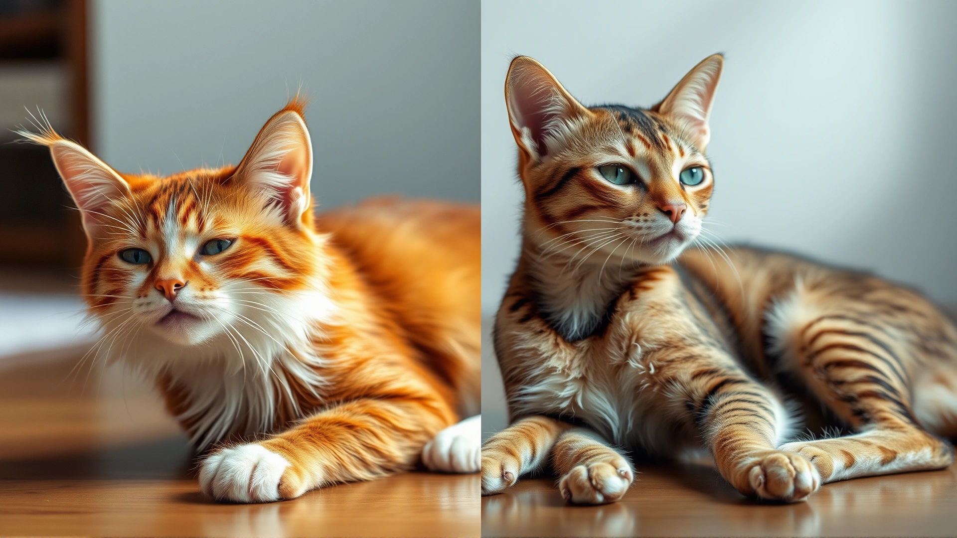 Split-frame image: on the left a vibrant playful cat with shiny coat, on the right a lethargic thin cat lying down, highlighting health contrast