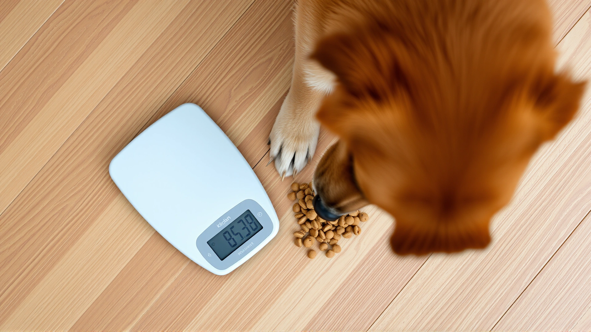 Overhead shot of a healthy-looking dog eating measured kibble from a digital kitchen scale on a wooden floor.