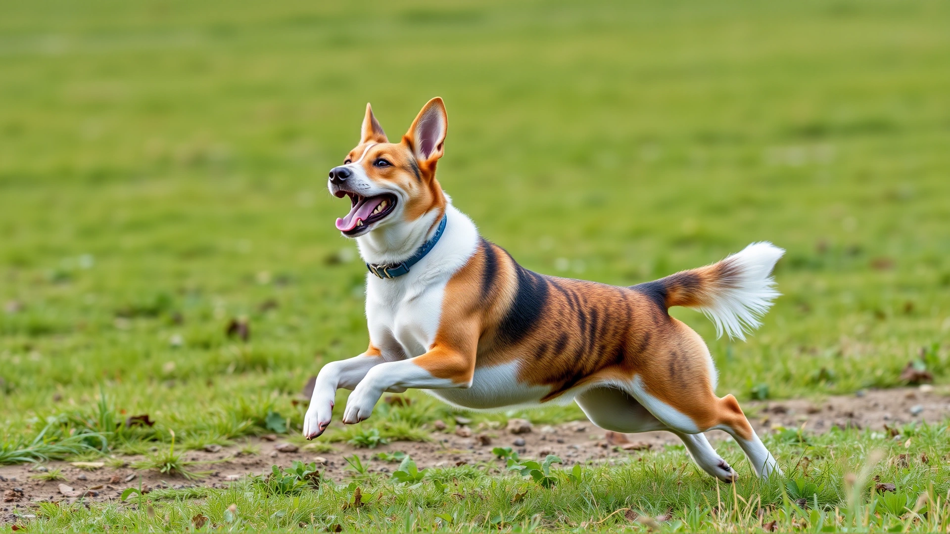 Energetic, fit dog running joyfully in an open field, symbolizing healthy weight management.