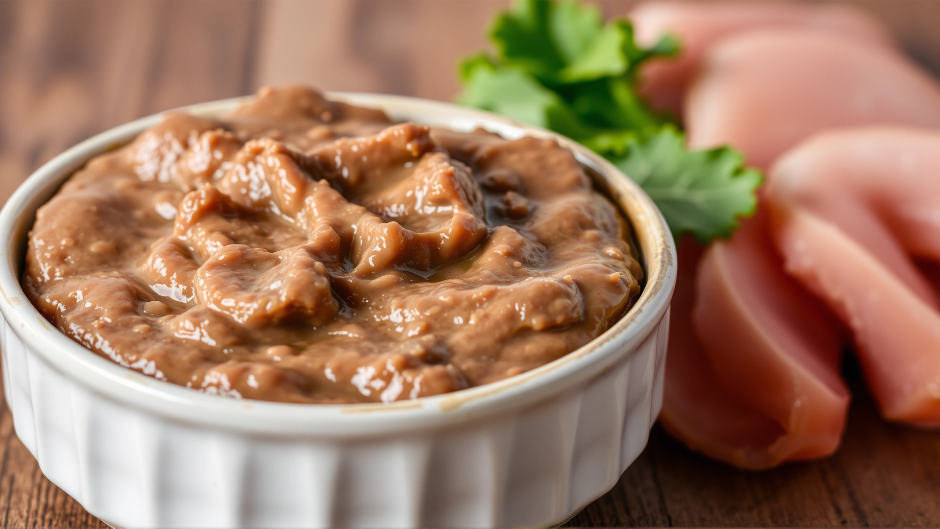 Close-up of a high-protein, low-carbohydrate canned cat food paté in a ceramic bowl, placed on a wooden surface with fresh chicken breast slices and leafy greens beside it for context.