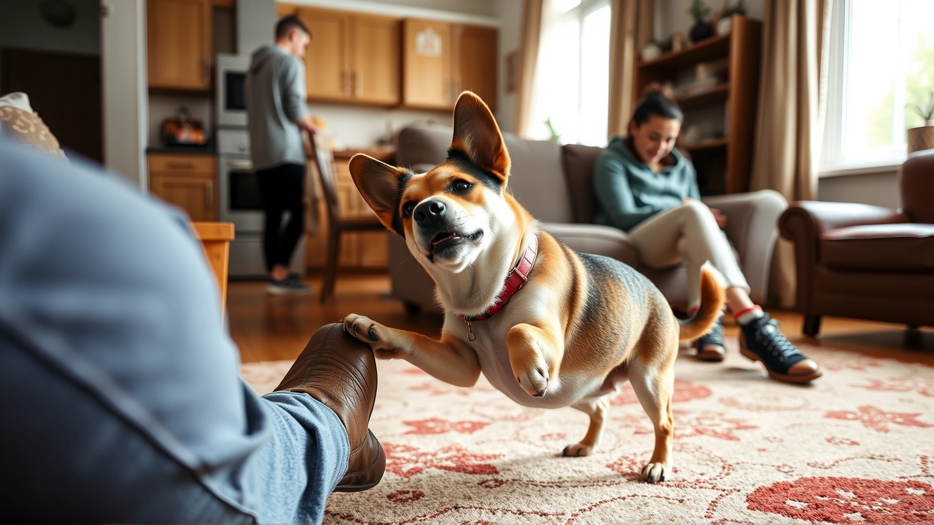 Small mixed-breed hearing dog pawing at its deaf owner’s leg inside a cozy living room; owner looks toward kitchen, natural lighting.