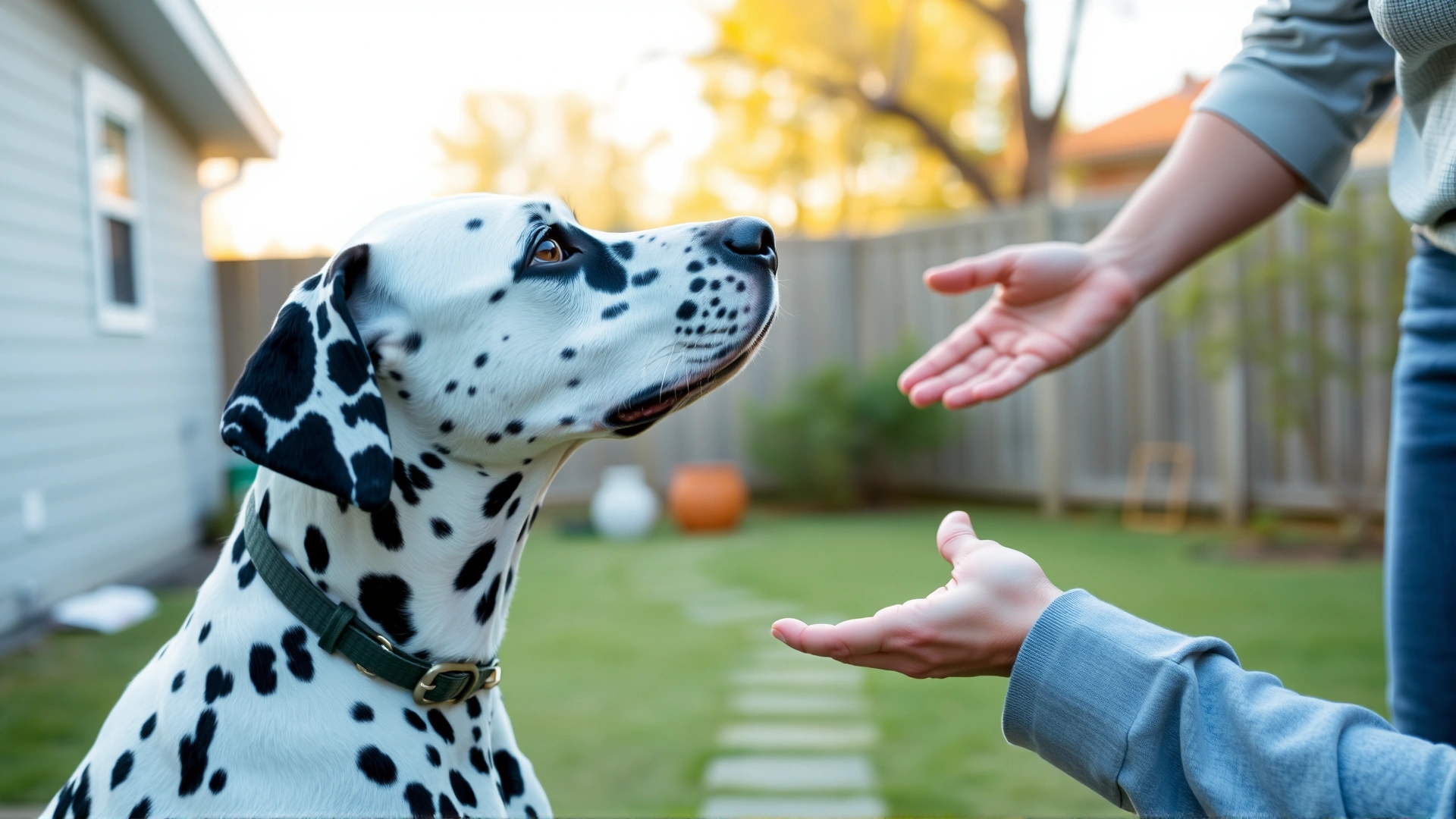 Owner using a hand signal to command a senior Dalmatian in a quiet backyard, dog focused on hand.