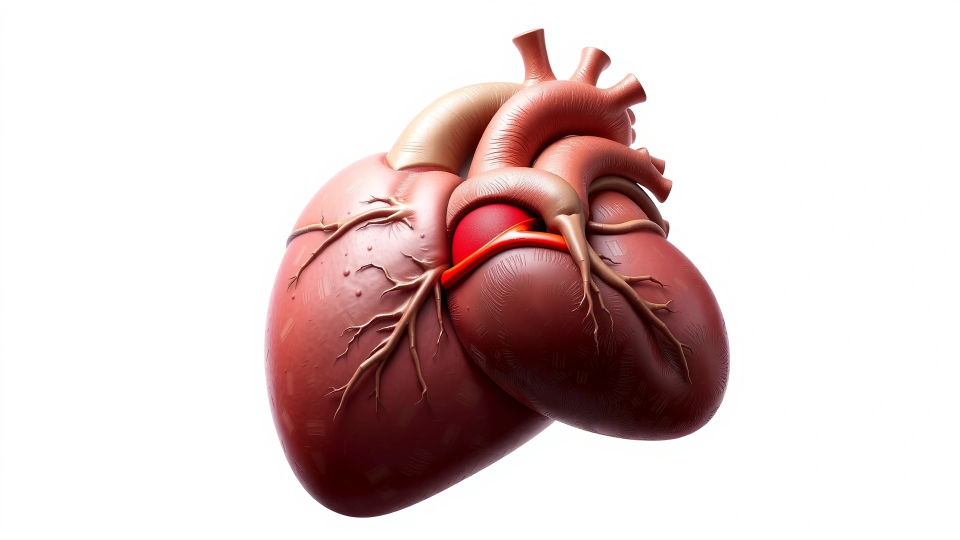 Detailed medical illustration of a cat heart showing the right bundle branch highlighted in red, clean white background, no text