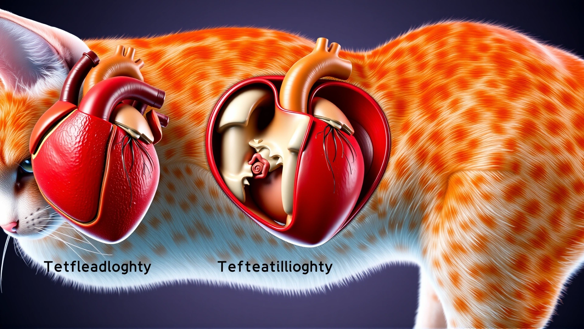 A realistic 3D medical illustration of a cat's heart highlighting the four anatomical defects of Tetralogy of Fallot, vivid colours, no text labels.