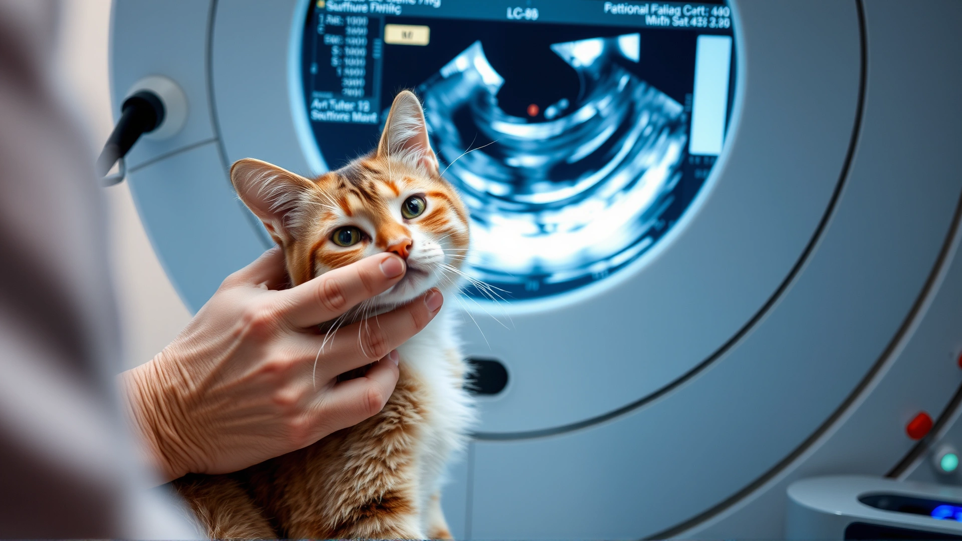 A veterinarian performing an ultrasound scan on a calm senior cat to examine its heart.
