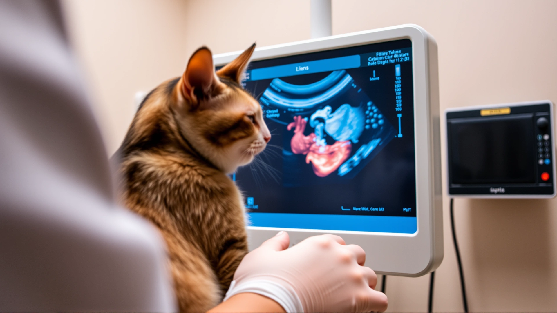 Ultrasound monitor in a veterinary clinic displaying feline cardiac echocardiography while the cat is being gently restrained.