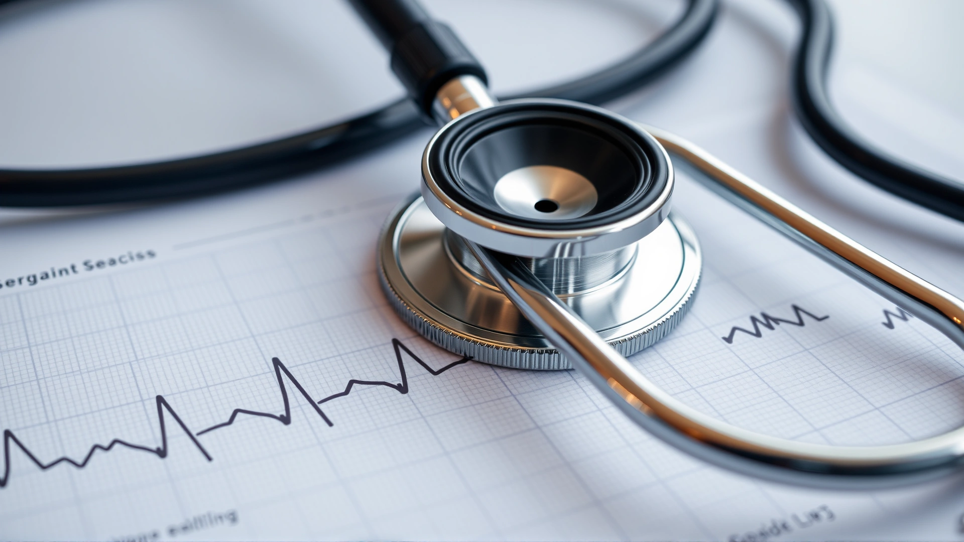 Stethoscope resting on an ECG printout showing heart rhythm lines, shallow depth of field, clinical setting, no text