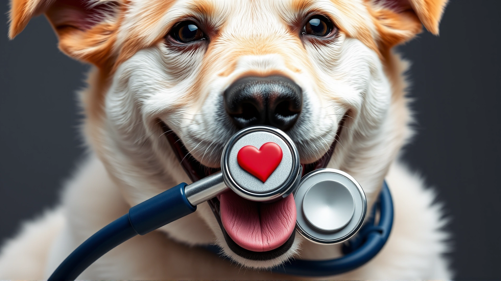 Close-up of a happy dog with a veterinarian's stethoscope placed on its chest, symbolizing improved heart health