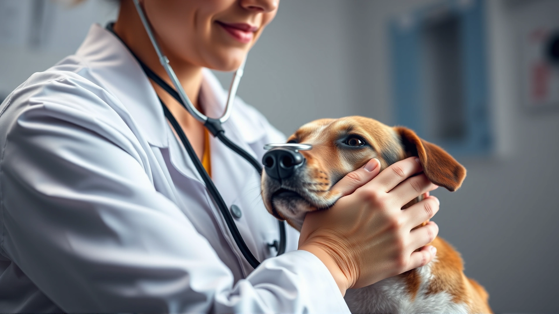 Illustrative photo of a veterinarian using a stethoscope on a dog's chest, focus on the vet's hands and dog, clinic setting, soft lighting, high resolution.