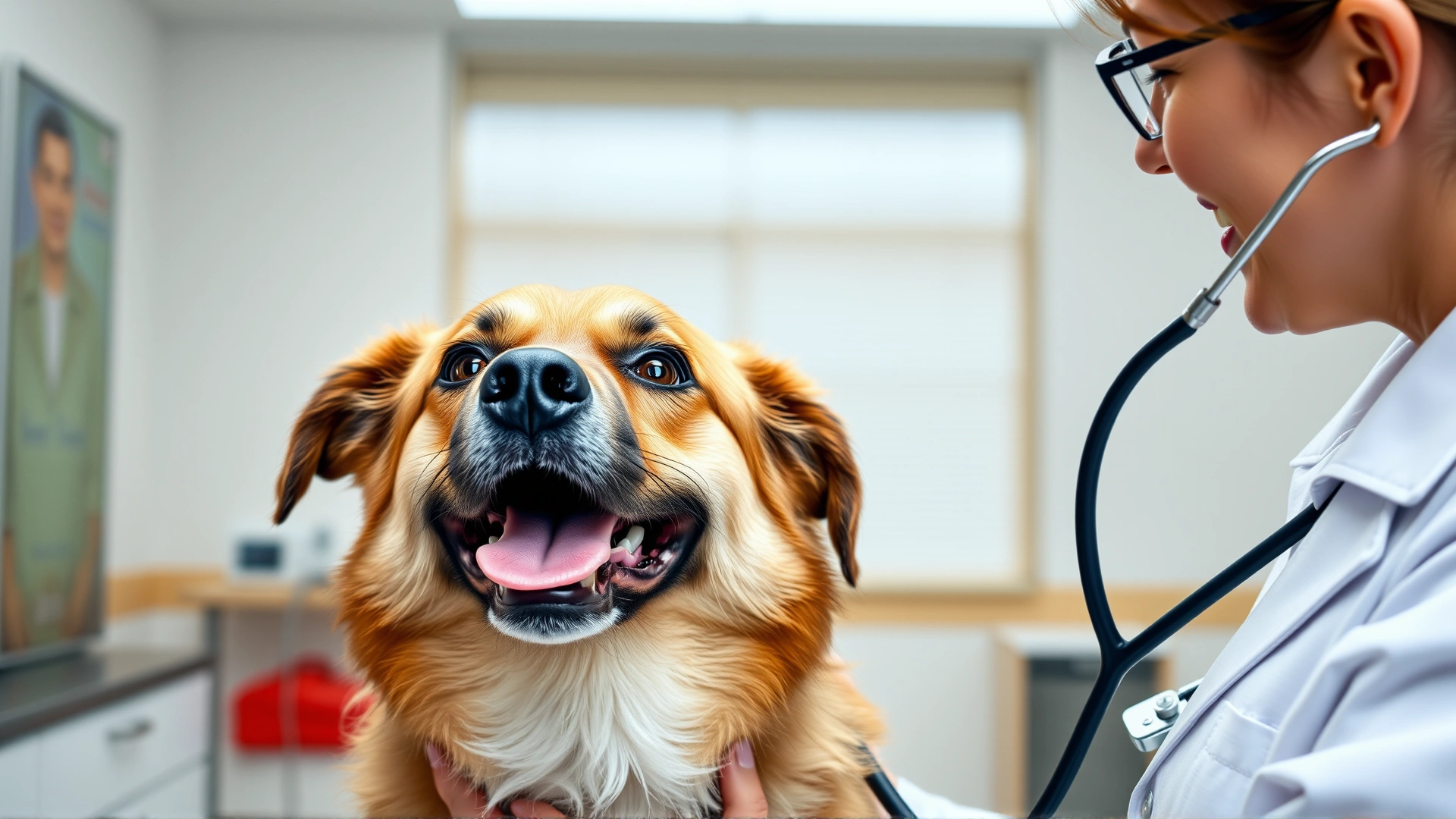 Veterinarian using a stethoscope to listen to the heartbeat of a happy medium-sized dog in a bright exam room.
