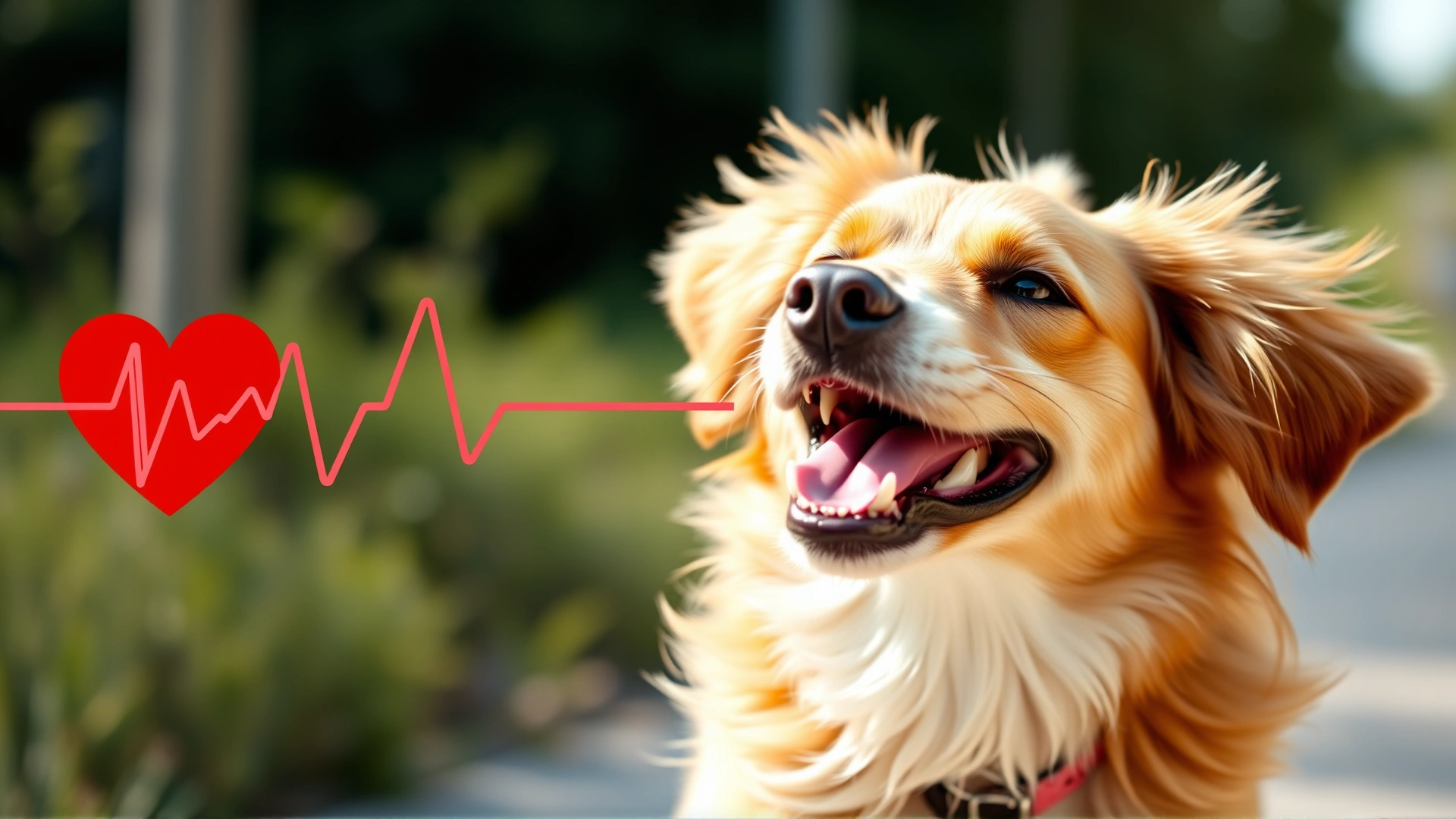 Close-up of a healthy dog running joyfully with a red heart icon subtly incorporated in the background, symbolizing cardiovascular benefits, bright outdoor setting