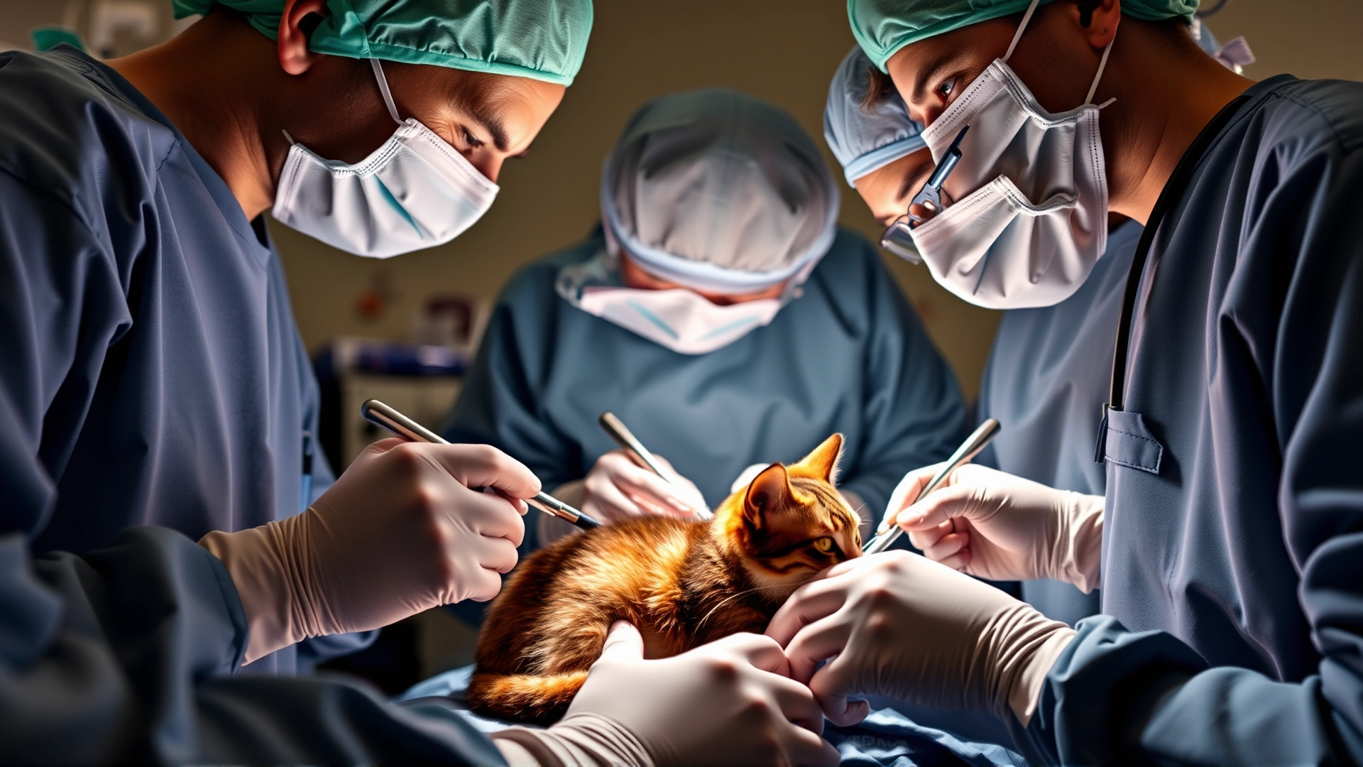 Editorial-style photograph of a veterinary surgical team in scrubs operating on a cat, focus on sterile instruments and surgical field